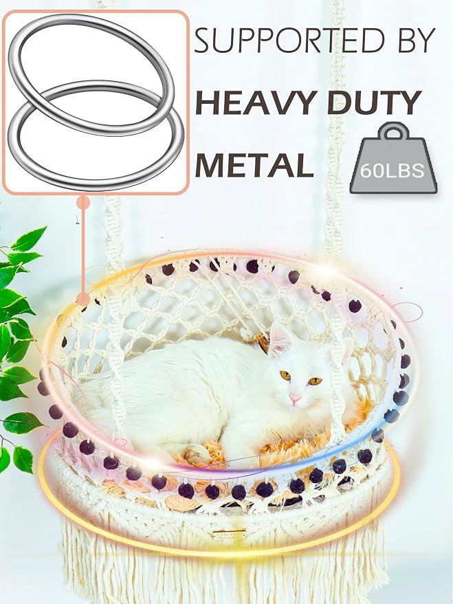 KARCEEY Macrame Cat Hammock - Hanging Cat Bed for Wall & Window - Boho Swing with Full Hardware Kit & Nip Toy - Stable Heavy Duty Design for Large & Senior Felines up to 60lbs - Image 2