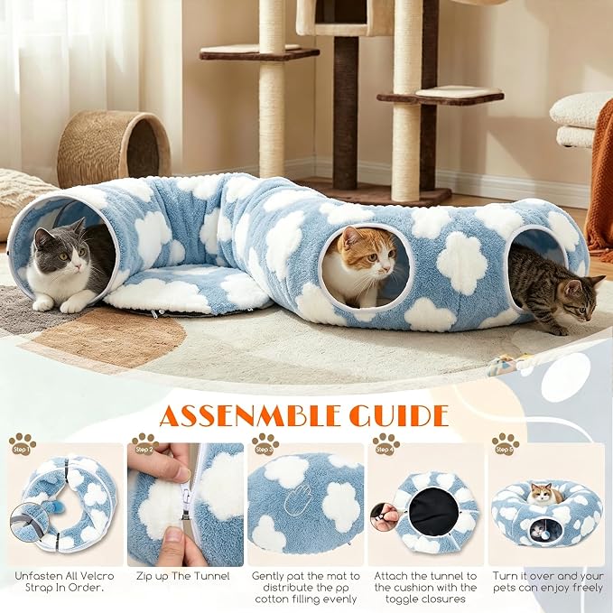 Cat Tunnel Bed with Toys – Large Collapsible Play Tube (Blue) | Soft Tube for Indoor Kittens & Adult Cats – Perfect for Hide & Seek, Pouncing, and Cozy Napping, Space-Saving & Foldable - Image 6