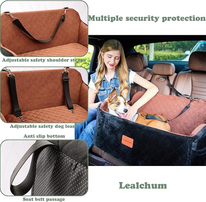 Lealchum Large Dog Car Seat,Memory Foam Cushion Car Seat for 2 Small Dogs,Comfy Car Dog Bed with Side Pocket and 2 Clip-On Safety Leashes,Easy to Install Cars Seat for Dogs(Black, Large) - Image 4