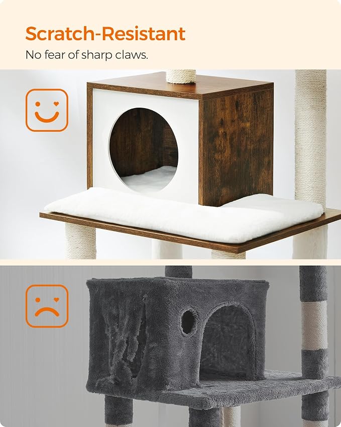 Feandrea Cat Tree, 56.3-Inch Modern Cat Tower, Multi-Level Plush Condo with Scratching Posts, Hammock, Washable Cushion, Rustic Brown UPCT164X01 - Image 7