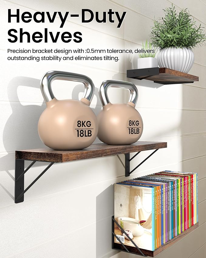 BAYKA Wall Shelves for Bedroom Decor, Floating Shelves for Wall, Display Mounted Rustic Wood Shelf for Books,Plants,Corner Shelves for Bathroom,Kitchen,Living Room(Rustic Brown,Set of 3) - Image 4