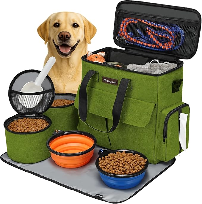 Modoker Weekend Dog Travel Bag Set with 2 Food Bags, 2 Bowls and Mat,Green | Dog Travel Accessories Organizer for Camping and Road Trips with Roomy Storage, Multiple Pockets and Water-Resistant Oxford by Modoker