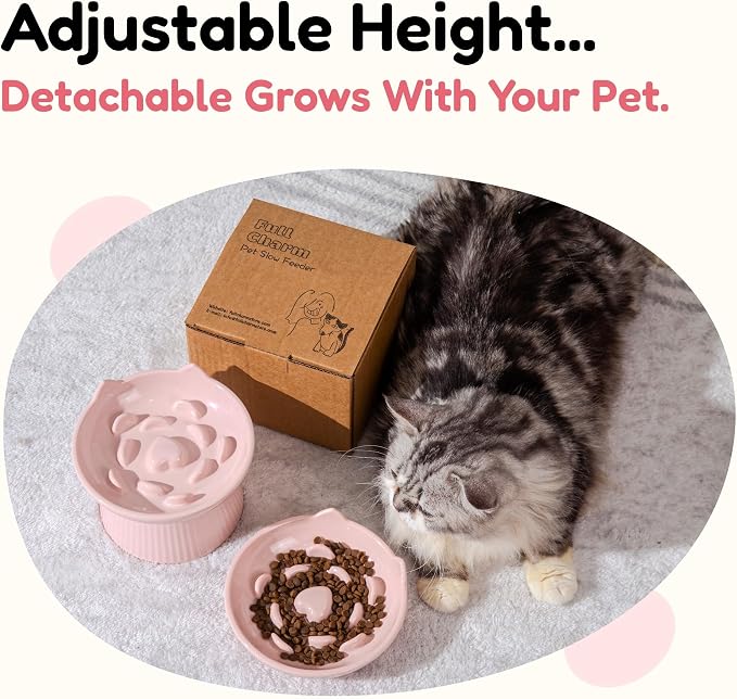 2 Pack Unbreakable Raised Slow Feeder Bowl for Cats and Small Dogs, Elevated Cat Bowls, Detachable Slow Feede Bowl, Heavy Weighted, Non-Slip Feeder, Dry & Wet Food (Pink + White, 6.2'') - Image 4