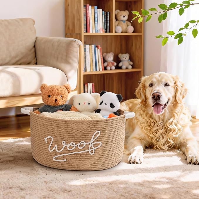 Woof Dog Toy Basket, Large Dog Toy Storage Bin with Durable Handles, Woven Dog Basket for Blankets, Toys, Chews, Pet Toy Storage Box for Nursery, Living Room, Bedroom, 17”x12”x9, Beige - Image 2