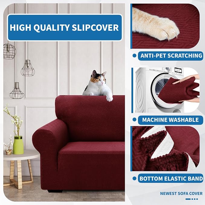 XINEAGE Stretch Jacquard Loveseat Cover, Non Slip Sofa Slipcover for Dog | High-Stretch Fabric. Wear-Resistant, Pet Friendly. Easy Install & Washable for Living Rooms, Offices.Wine Red - Image 6