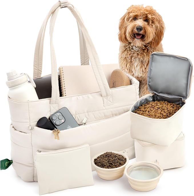 Rubyloo Puffer Dog Travel Bag for Dog Moms, Diaper Bag with Travel Bowls | 2 BPA-Free Collapsible Bowls, 2 Pet Food Containers, 9 Pockets, Everyday Puffer Bag Works With or Without Your Dog, Beige by Rubyloo