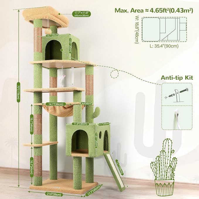 Globlazer Large Cactus Cat Tree Tower, 70in Tall Heavy Duty Green Cat Tree for Indoor Cats Sturdy Cat Tower with Scratching Post and Board, Hammock, Cat Condos for Adult Cats Kittens, F70 Pro, Green - Image 6