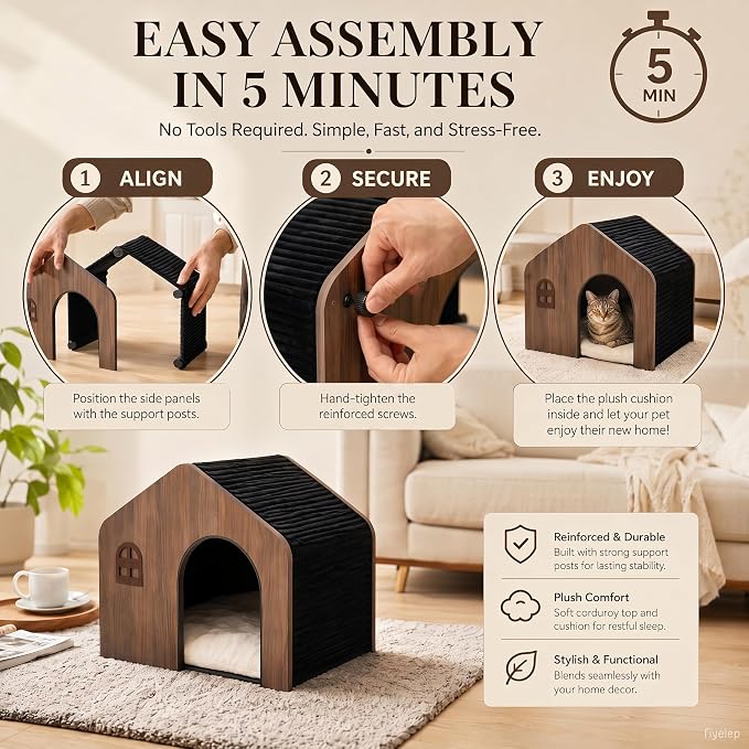 Modern Wooden Indoor Cat House - E0 Grade Enclosed Cat Cave Bed | Eco‑friendly non‑toxic washable cushion, walnut finish matches home decor, fits cats up to 20 lbs, easy assembly - Image 7