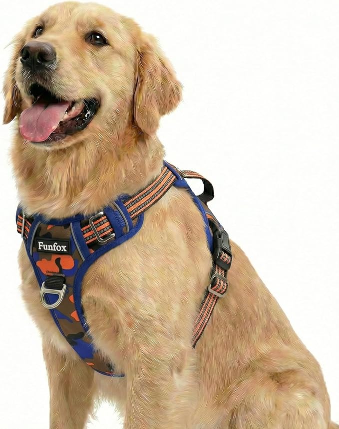 Dog Harness No Pull, Adjustable Pet Vest Harness, Super Soft Material with Vertical Handle Easy Control, Reflective Night Walking, 2 Leash Clips for Large Dogs, Camo Orange, L by MyFUNFOX
