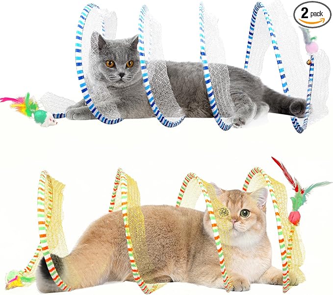 2-Pack Large Cat Tunnel Beds - Indoor & Outdoor,Kitten Collapsible Spring Tunnel Toy with Feather and Bell,Interactive Spring Toys for Cats & Kittens（Yellow and Blue） by TEASIK