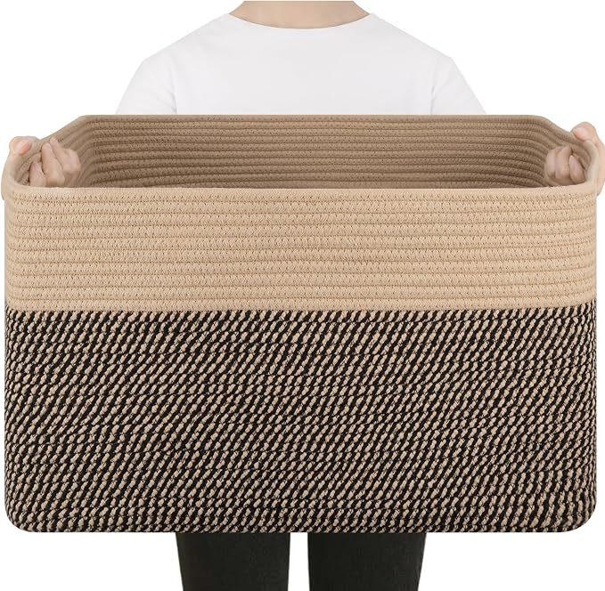 75L Large Cotton Rope Basket, Soft Toy Storage Bin for Nursery & Living Room, Decorative Blanket Basket for Bedroom, Baby-Safe Organizer for Pillows &Laundry, 22''×17''×12'', Brown & Black by SIXDOVE