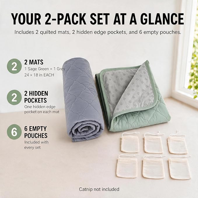 2-Pack Washable Cat Litter Mats, 24 x 18 in, Sage Green/Grey | Absorbent quilted layers with PU barrier, paw-print silicone grip, 2 pockets and 6 empty cotton pouches; catnip not included. - Image 6