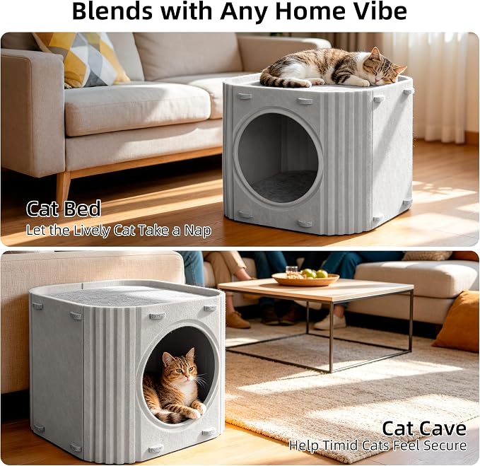 Cat House for Indoor Cats, Felt Cat Bed Cave, Scratch Resistant, Gray | Cat Hideaway Enclosed Bed, Thick Cat Bed Cave, Hideaway Cat Cave for Timid Cats, Sturdy Two-Tier Cat Condo & Cat Houses - Image 2