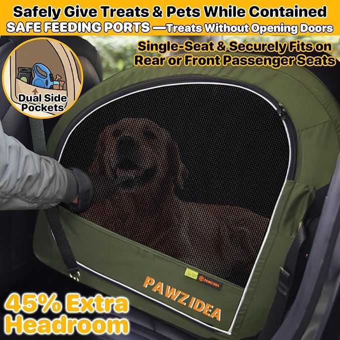 PAWZIDEA Portable Dog Crate for Car Travel, Medium & Large Dogs Up to 80lbs | Soft-Sided Dog Car Kennel for Backseat, Secures Seatbelt & Headrest Strap, Collapsible Enclosed Car Seat Carrier, Chew-Proof - Image 3