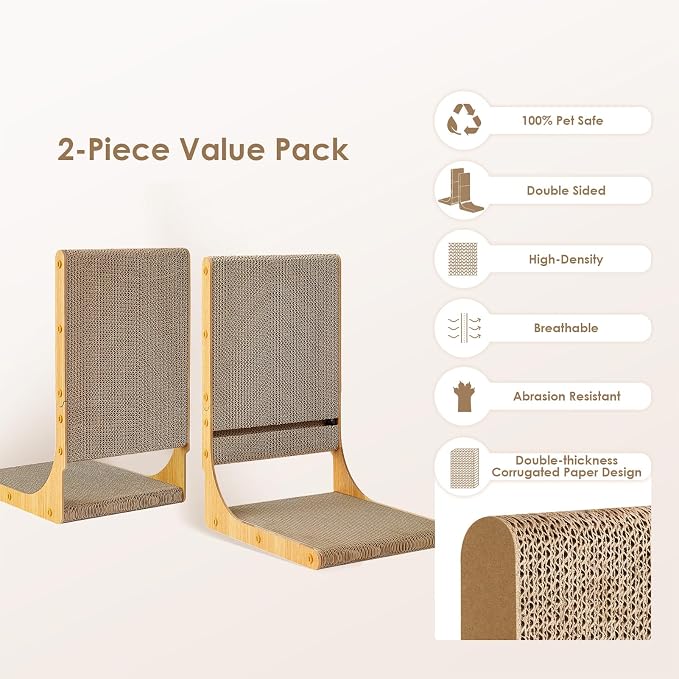 EHEYCIGA 2-Pack Cat Scratcher, L-Shaped Indoor Cardboard Scratch Pad, Large | Vertical Cat Scratching Board with Ball Toy, Furniture Protector, Reversible Design for Double Life - Image 2