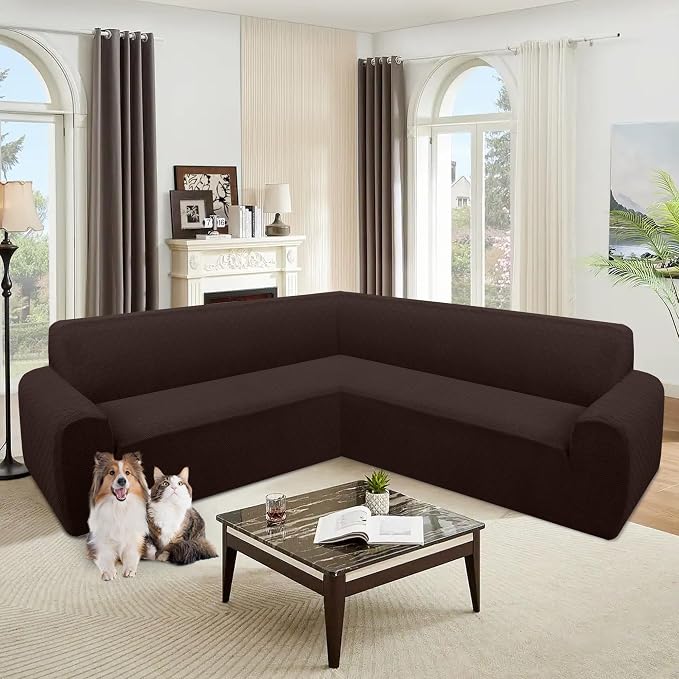 ALIECOM Corner Sectional Couch Covers Washable Sofa Cover L Shaped Couch Cover for Dogs Pets Stretch Soft Sectional Slipcovers with Non Slip Strips U Shape Furniture Protector (Dark Brown, Large) - Image 2