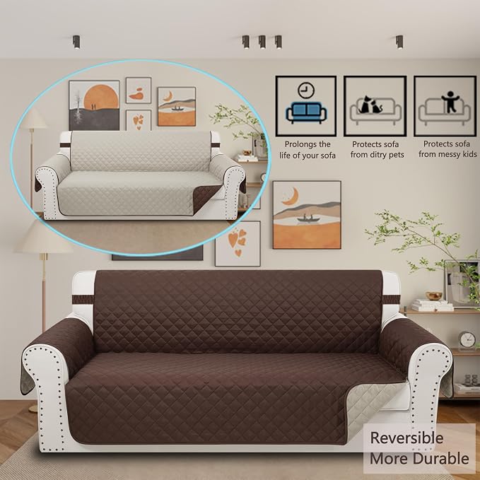 Reversible 4 Seater Sofa Cover 91 Inch Large Couch Cover Furniture Protector(Sofa XX-Large,Chocolate/Beige) | Couch Cover Furniture Protector with Foam Sticks Elastic Straps Furniture Protector for Pets Children Dog Cat - Image 2