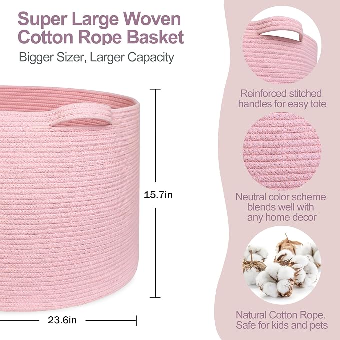 MEGASKET 115L Oversized Pink Basket, 23.6"x15.7" Woven Cotton Rope Bin with Handles, XXXL Blanket Storage for Living Room, Kids Toy Storage Bin Box, Baby Laundry Basket for Organizing, Pink Room Decor - Image 2