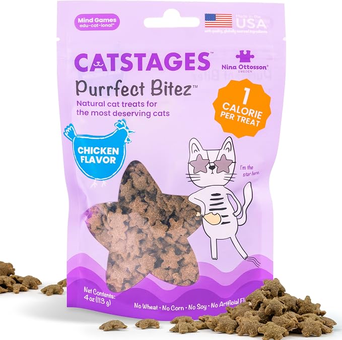 Catstages by Nina Ottosson Purrfect Bitez Natural Crunchy Cat Treats for Puzzles, Toys, Feeders, & Training, USA-Made, Real Chicken Flavor, 4oz by Catstages