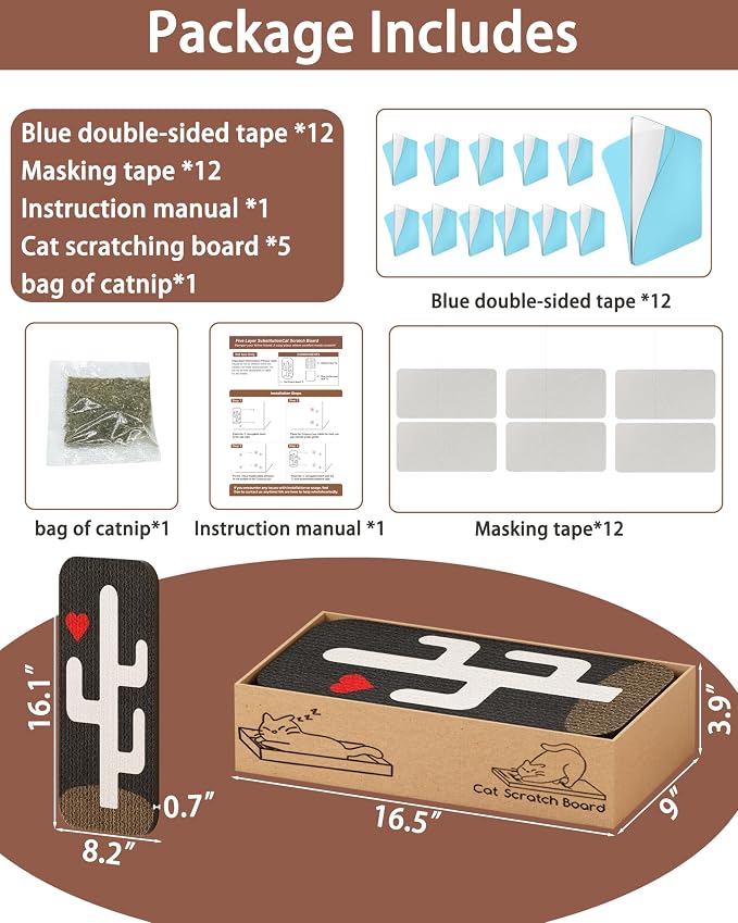 Megidok Cat Scratcher Art,5 Pack Cat Wall Mounted Scratcher,Cute Scratch Pad for Cats Nail File,Couch Protector Scratching Posts for Indoor Cats Adults Cat+Cacti - Image 4
