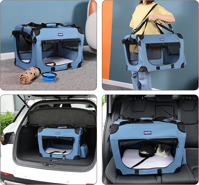 Petprsco Portable Collapsible Dog Crate, 24" Soft Dog Crate for Car Travel | Includes Mat, Blanket & Bowl, Strong Fabric, 4-sided Mesh Vents, 3 Doors, Fit Small Dogs & Large Cats Indoor and Outdoor Use - Image 4