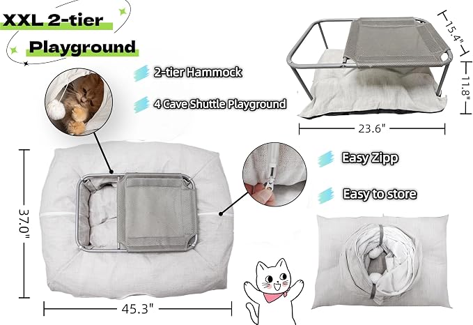 XXL 2-Tier Cat Tunnel & Hammock Bed, Scratch-Proof Linen, for All Cats Toys | XxingSheep 4 Cave Premium Hemp Fabric Cat Tunnel Bed for Indoor Cats Toys Cave Donut with Soft Mat & Toys - Image 6