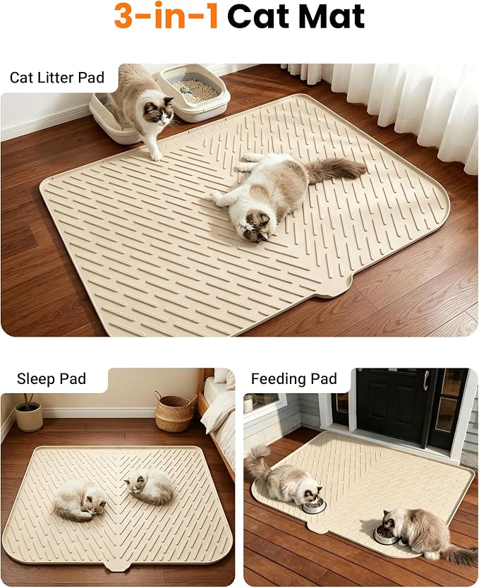Cat Litter Mat, 47"x37" Extra Large Litter Box Mat, Silicone Mat, Beige | Waterproof Litter Trapping Mat for Scatter Control, Soft on Cat Paws Non-Slip Easy to Clean - Image 8