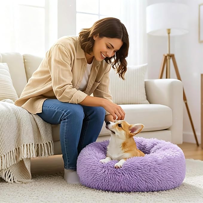 Calming Donut Dog and Cat Bed for Indoor Cats, Anti-Anxiety Round Fluffy Soft Washable Small Pet Bed for Puppy and Kitten, Warming Comfortable Luxury Anti-Slip Waterproof Mute Base 20in Purple - Image 6