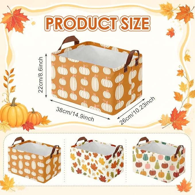 Britimes Fall Pumpkin Storage Baskets for Gift, Toy Storage Bins Box, 3Pcs | Autumn Harvest Canvas Collapsible Baskets Organizer with Handles Fall Nursery Decor Laundry Basket for Shelves Closet - Image 3