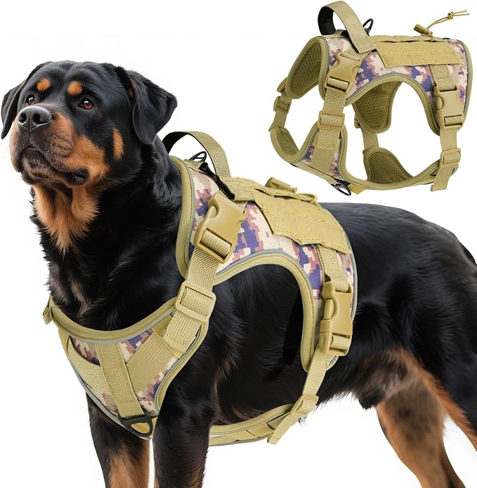 VavoPaw Heavy Duty Tactical Dog Harness for Large Dogs, No Pull Adjustable | Pet Harness Reflective Service Training Easy Control Pet Vest Military K9 Working Dog Harnesses（Desert Camouflage, XL） by VavoPaw