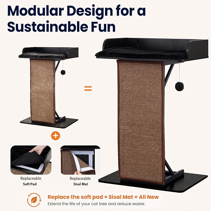 Modern Wood Cat Tree Tower for Indoor Large Adult Cats with Big Perch Bed | 33.8in Tall Wooden Cat Trees with Platform, Cat Scratching Pads, Washable Cushions, Cat Furniture for Window, Rustic Black - Image 7