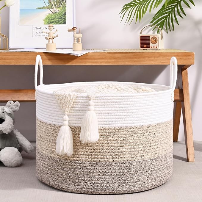 67L Large Woven Blanket Basket, Cotton Rope Baby Laundry Hamper with Handles, Kids Toy Basket for Classroom & Nursery, Soft Round Stuffed Animal Storage, Dog Toy Bin - 20"x13", Jute - Image 5