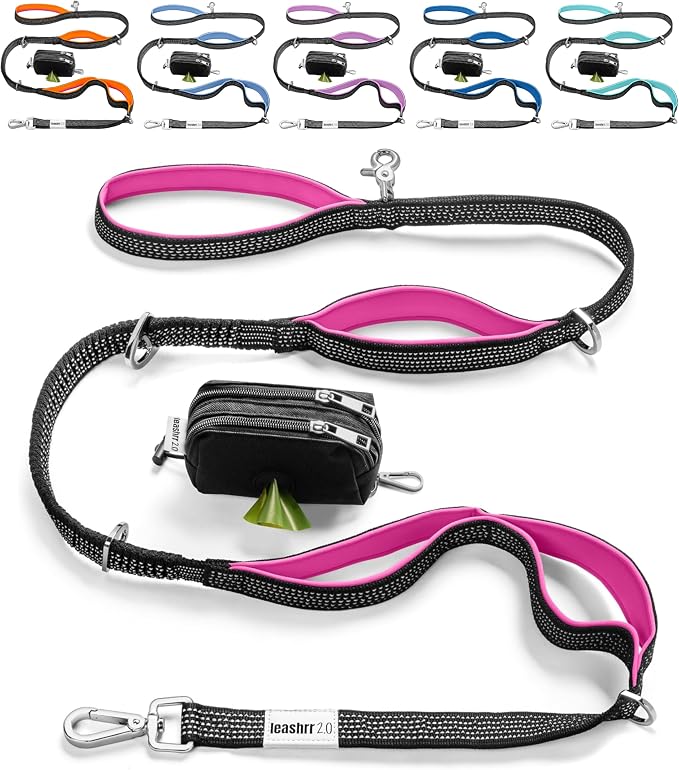 Heavy Duty Dog Leash for Large Dogs – 6FT Reflective Bungee with Padded Handles, Strong Carabiner Clip, No Pull Control for Medium & Large Breeds, Includes Poop Bag Holder & Treat Pouch (Hot Pink) by Leashrr20