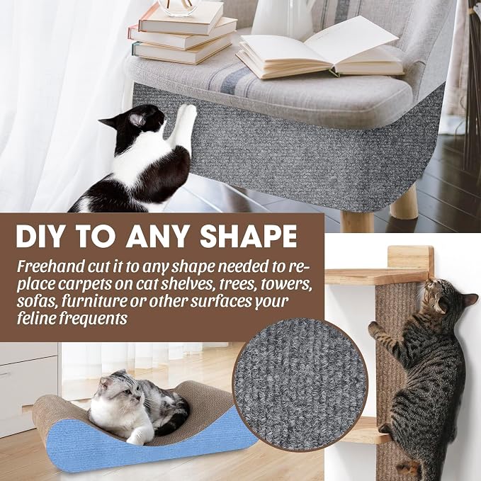 Cat Scratching Mat, 100"x16" Self-Adhesive Carpet Mat Trimmable Replacement for Cat Tree, Cat Wall Shelves, Cat Scratching Post, TanoFalo DIY Couch Furniture Protector (Light Gray) - Image 3