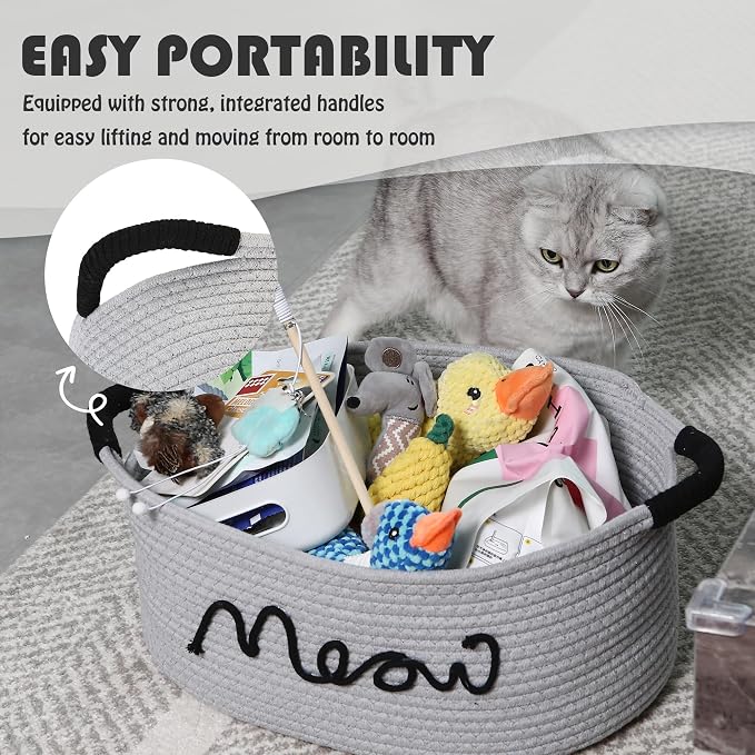 Sea Team Cat Toy Storage Basket with Handles, Gray Meow | Large Cotton Rope Storage Bin, Shelf Basket, Organizer for Pet Chew Toys, Foods, 16.5 x 11 x 7 Inches, 4.4 Gallons - Image 7