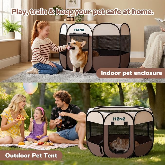Dog Cat Small Animal Puppy Playpen Crate, Medium, Brown | Portable Pop Up Pet Cage Enclosure Tent Kennel Indoor Outdoor with Carrying Case, No Assembly, Camping Use - Image 5