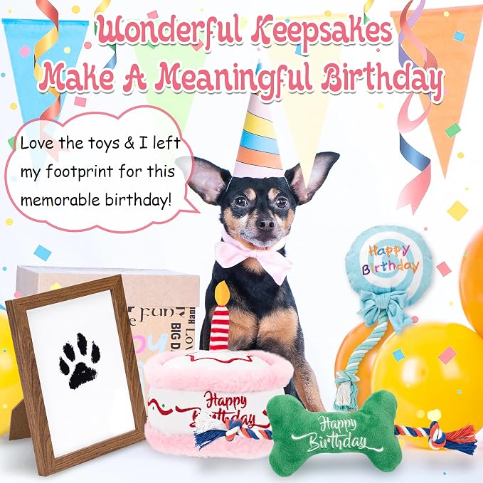 LECHONG 7Pcs Dog Birthday Toys Gifts, No-Mess Paw Print Keepsake Kit with Squeaky Dog Cake Toy, Plush Crinkle Toy, Pet-Safe Ink Pad & Photo Frame for Small Medium Dogs - Image 2