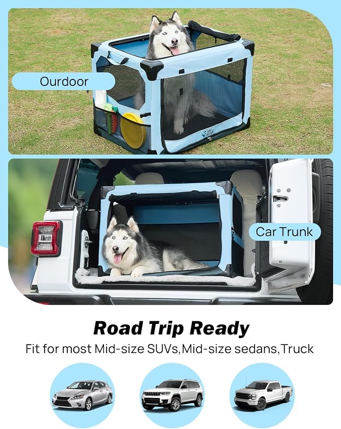 JOYTUTUS Collapsible Dog Crate, 32 Inch Portable Pet Crate for Car, Travel Dog Kennel Foldable Dog Crate for Large Dog 50lbs, Soft Cat Carrier Fit for Indoor & Outdoor/Trunk (Blue) - Image 5