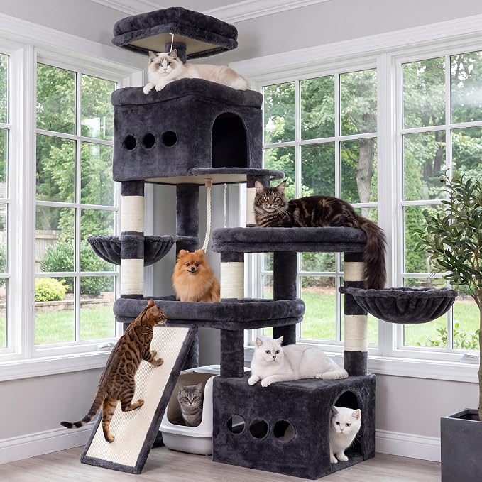 Heybly Cat Tree 72.4-Inch Anti-Tip Cat Tower with Spacious Perches HCT060G | All-in-One Cat Furniture for Large Cats, Multiple Interactive Areas, Extra-Large Sisal Scratching Board, Smoky Gray by HEYBLY