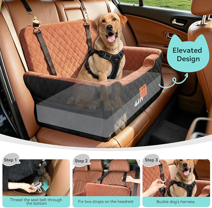 Dog Car Seat for Large/Medium Dogs Up to 55 Lbs, Soft Fabric Car Dog Bed | Removable and Washable Pet Booster Car Seat with 2 Safety Leashes, Thick Cushion (Black/Bronw) - Image 4