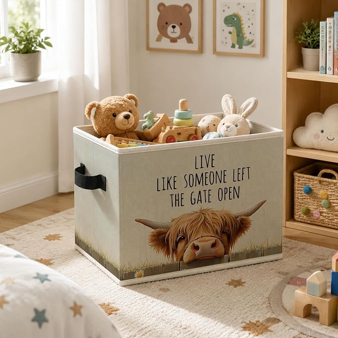 Highland Cow Storage Bins Box with Handles, Inspirational Collapsible Storage Basket, Farmhouse Animal Foldable Basket for Organizing Playroom Nursery Toys Books Clothes - Image 2