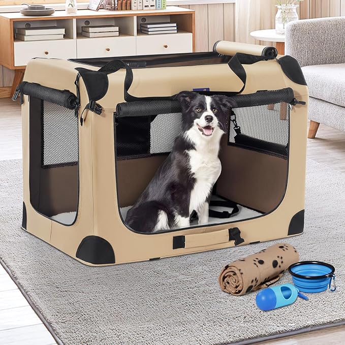 Petprsco Portable Dog Crates for Medium Dogs, 32"x23"x23" Travel Dog Crate | Collapsible Dog Crate with Plush Mat, Soft Blanket & Foldable Bowl, Strong Fabric, 4-Sided Vents, 3 Doors, Indoor/Outdoor Use - Image 5