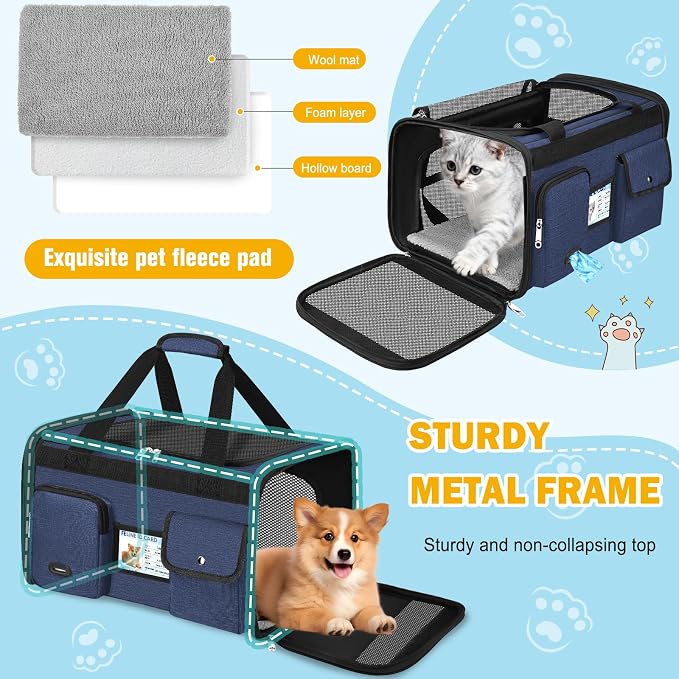 HUANLANG Large Cat Carrier Soft Sided Travel Pet Carrier Airline Approved | Dog Carriers for Small Dogs Medium Cats,Collapsible,3 Storage,zipper lock,Reflective strips,Luggage Strap, Up to 15 Lbs - Image 8