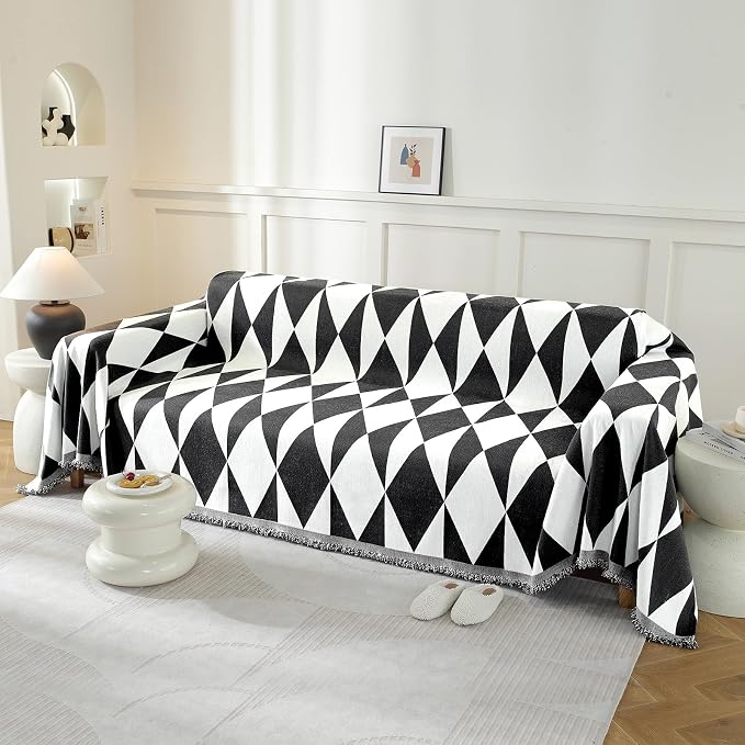 Couch Cover for Sofa, Boho Sofa Cover Washable Couch Cover for Dogs, Pet Sofa Cover for 2-Cushion Couches with Tassel Furniture Protector Cover,71" x 118",Black & White-Diamond - Image 2