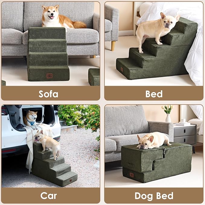 EHEYCIGA Dog Stairs for Bed 18" H, 4-Step Extra Wide Dog Steps for High Bed, Pet Steps for Small Dogs and Cats, Non-Slip Balanced Pet Ramp Indoor, Military Green - Image 6