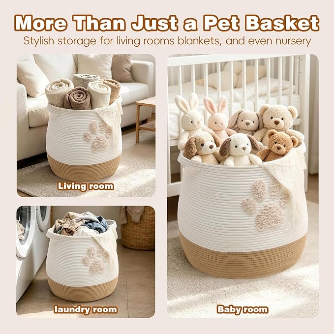Large 17.7" Cotton Rope Pet Toy Storage Basket with Cute Paw Print - Woven Dog Toy Bin & Cat Organizer - Soft Round Hamper for Puppy Blankets, Treats, Nursery & Living Room Storage - Image 5