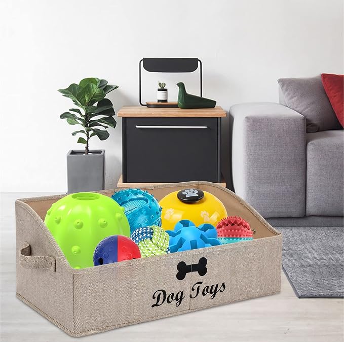 Morezi Linen-cotton blend dog toy basket and dog toy box, dog toy basket storage - Perfect for organizing pet toys, blankets, leashes, chew toys - Khaki Stripe - Dog - Image 5
