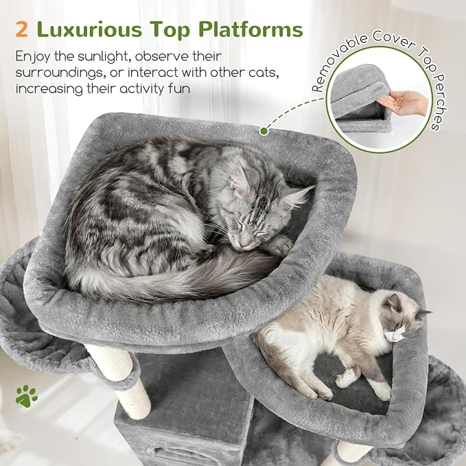 Globlazer Cat Tree Tower for Indoor Cats, Sturdy Adult Cat Tree House for Large Adult Cats with 2 Platform, 6 Cat Scratching Post, 2 Cat Caves, Dangling Toys, S63, 63 inch, Light Grey - Image 2