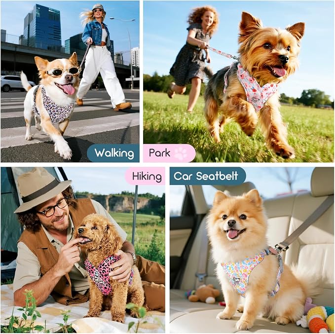 Pawaboo Small Dog Harness and Leash Set, Puppy Harness X-Frame Adjustable | Dog Vest Harness for Small Medium Sized Dogs No Pull No Choke, Soft Breathable Pet Harness for Outing, M, Light Pink Leopard - Image 7