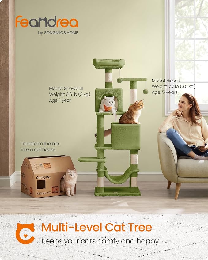 Feandrea Cat Tree, 59.5-Inch Tall Cat Tower, Plush Multi-Level Condo with 5 Scratching Posts, 2 Perches, 2 Caves, Hammock, 2 Pompoms, Grass Green UPCT192C02 - Image 2